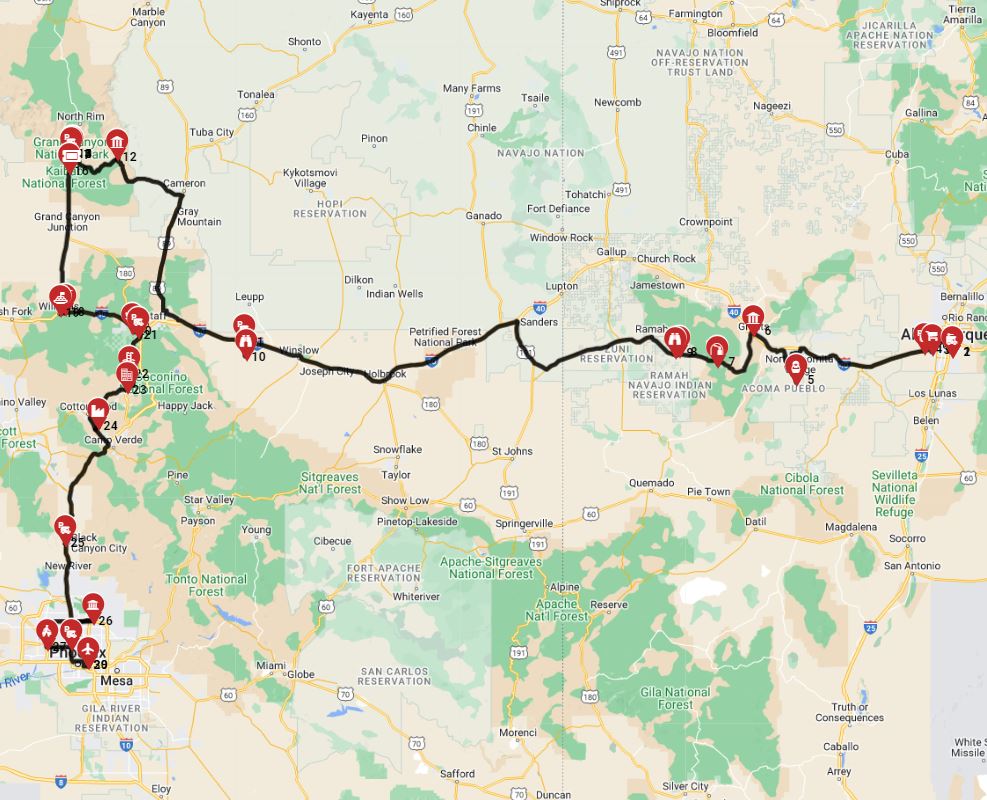 Camping road trip route from Albuquerque to Phoenix